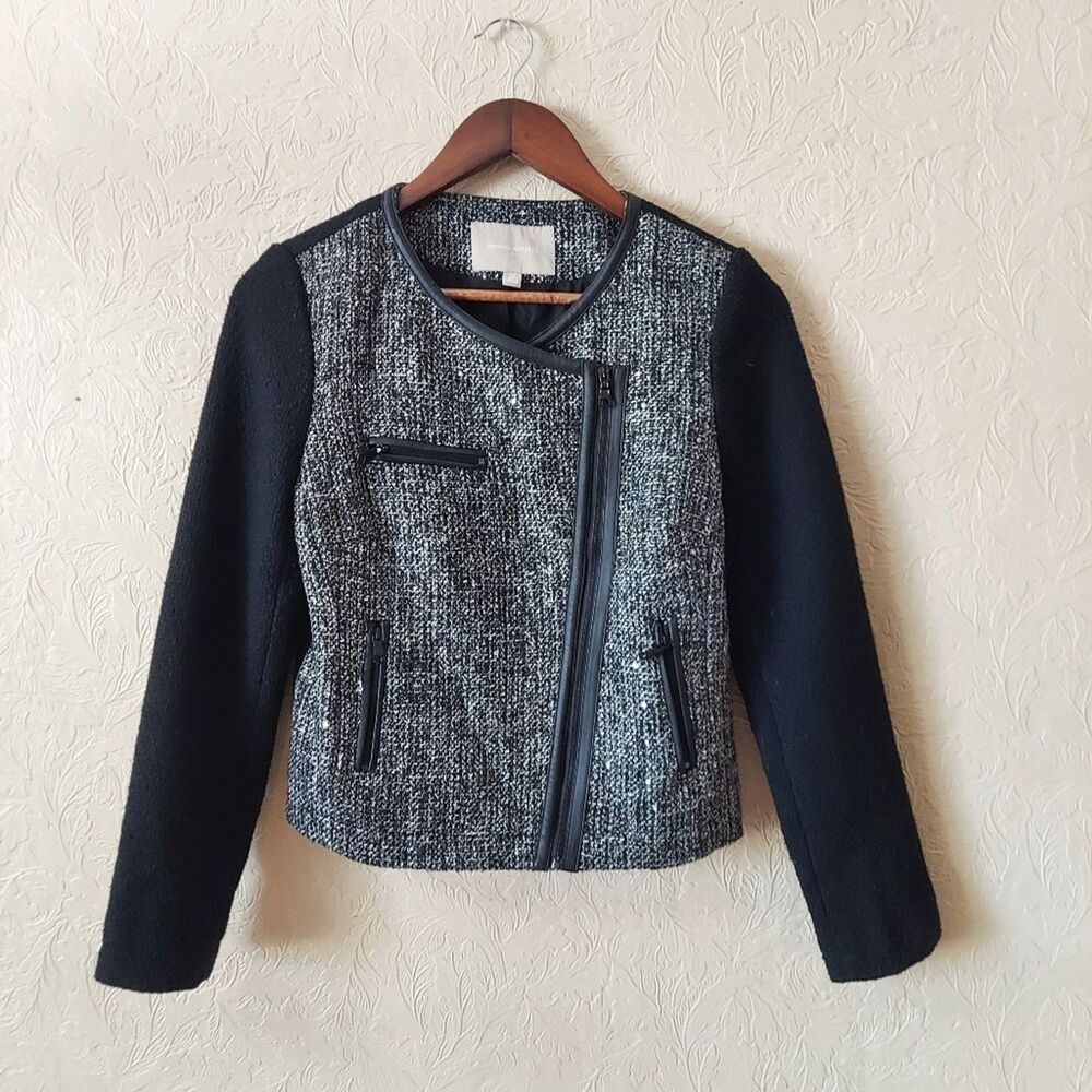 Banana Republic Tweed Sequin Moto Jacket Black Grey Sz 2 Petite